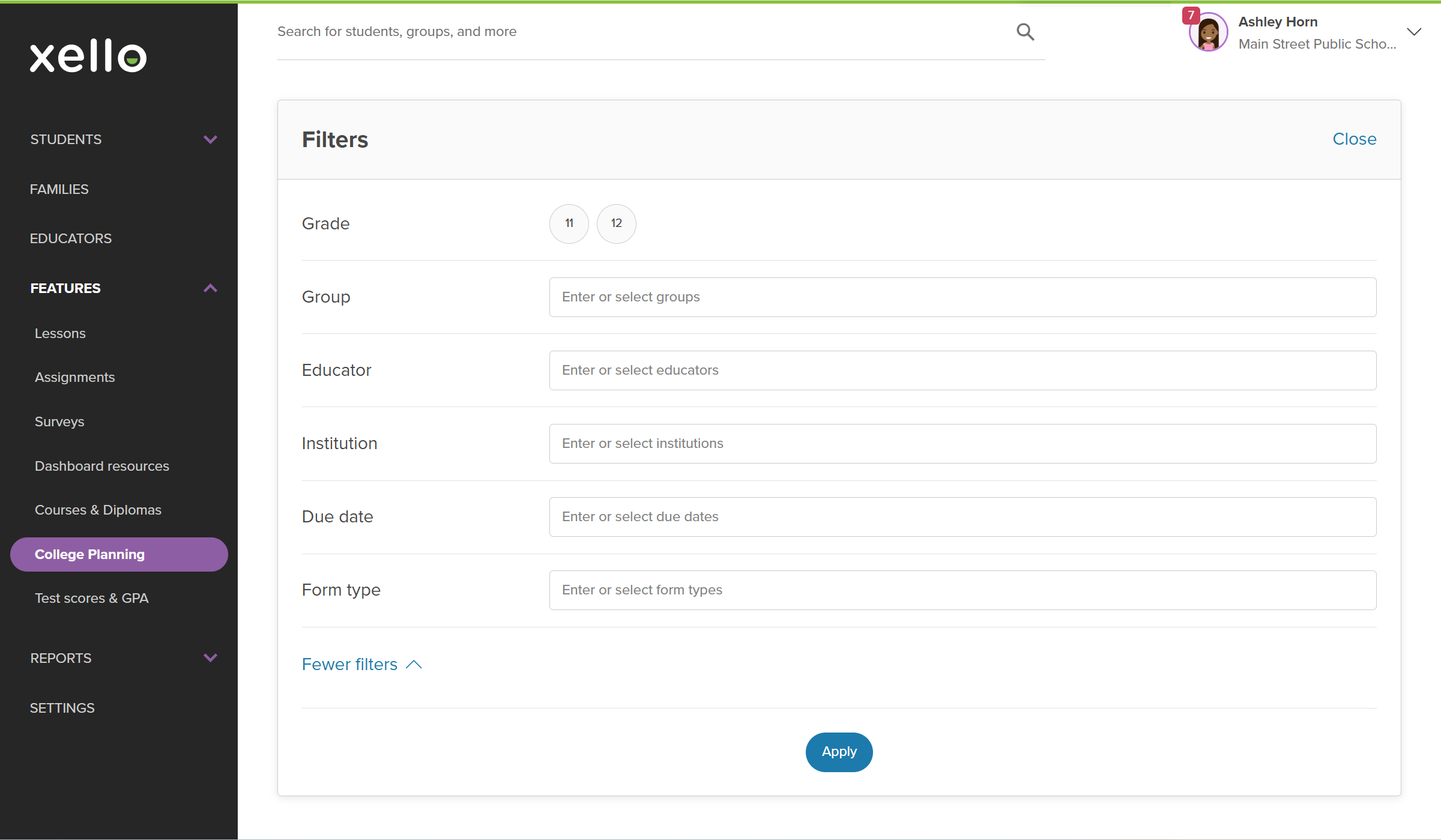 The filters available for the fee waivers requests. Filters are grade, group, educator, institution, due date, and form type